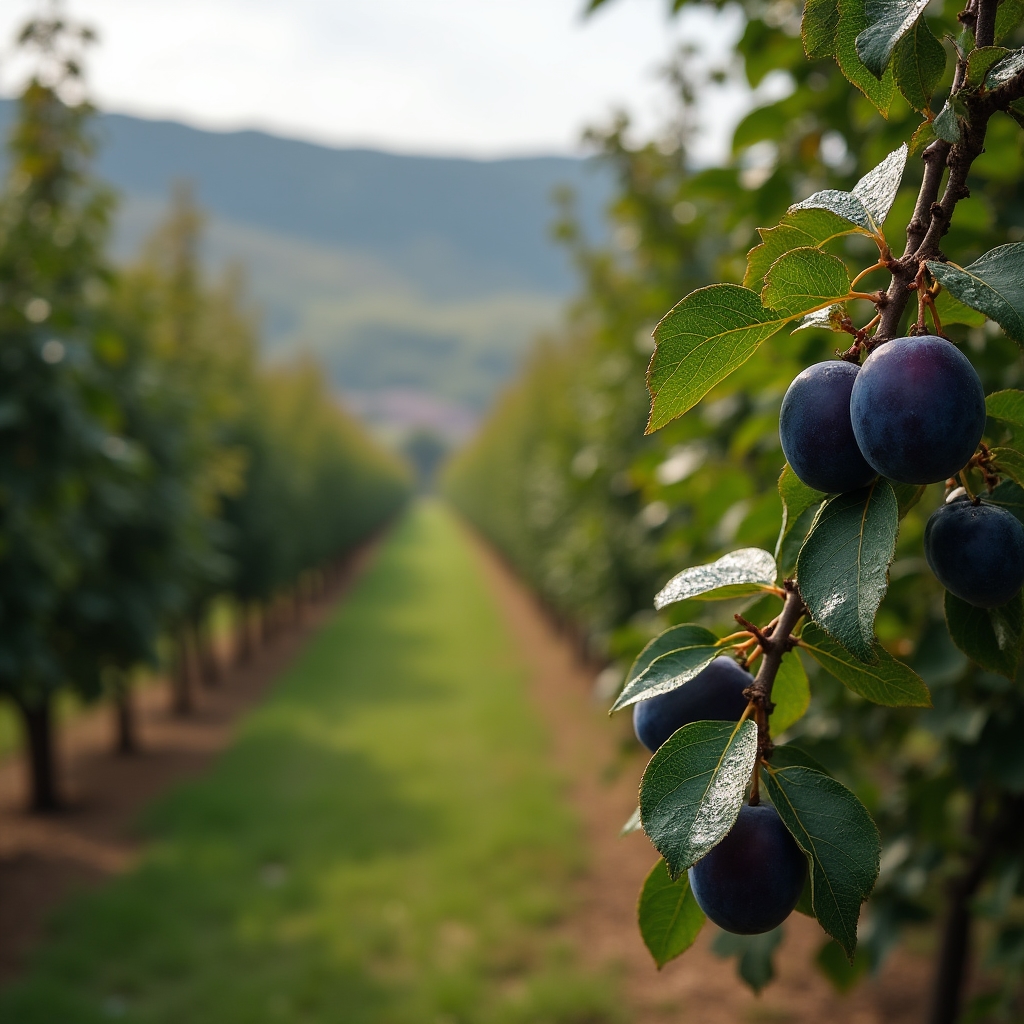 Livadă de pruni în apropierea atelierului, sursă de fructe pentru țuică